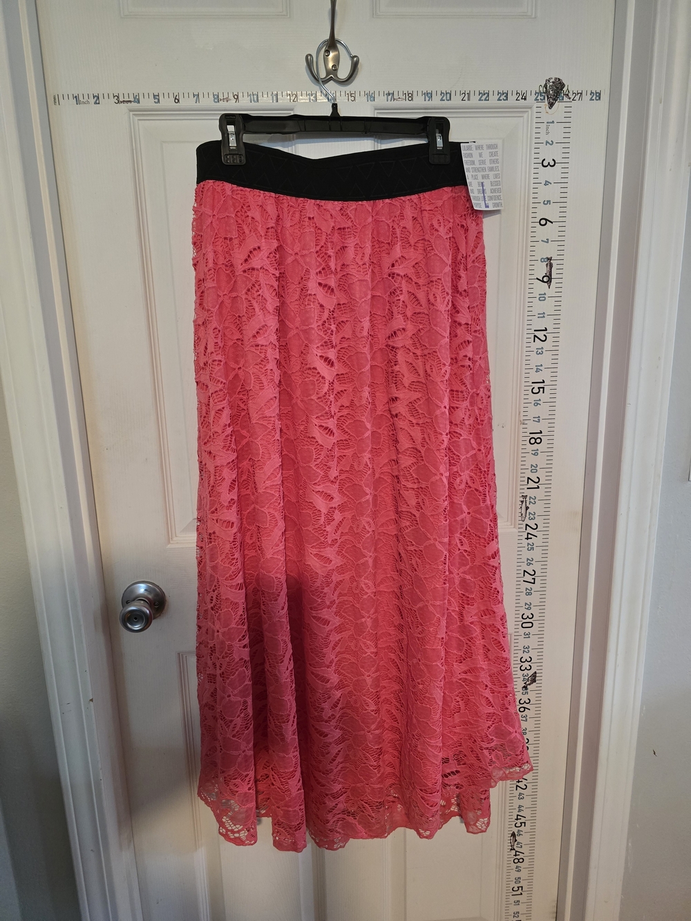 LuLaRoe Coral Pink Lace Maxi Skirt with Black Waistband